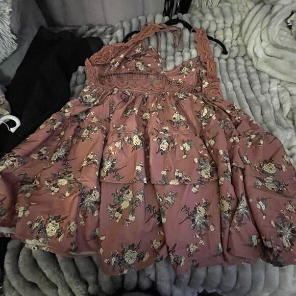 Plus size 2xl/3xl Floral Print Contrast Lace Tie Back Layered Ruffle Hem Dress - Picture 7 of 11